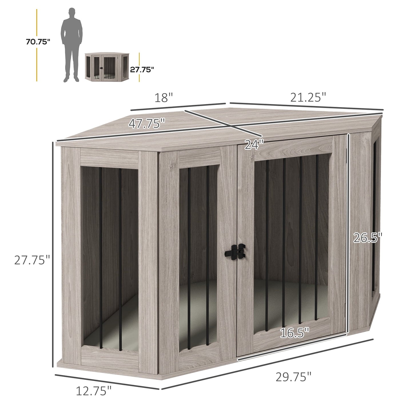 Noaman PawHut Corner Dog Crate Furniture, End Table Kennel for Large Dogs Up to 66lbs, 47.75"L x 24"W x 27.75"H, Walnut Brown with Cushion
