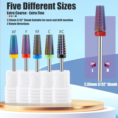Yakamoz 5Pcs Carbide Nail Drill Bits Set, 3/32 Inch Shank Professional Nail File Drill Bits XC C M F XF Nail E File Bits Safety Efile Nail Bits for Acrylic Nails Gel Polish Manicure, 2 Way Rotate