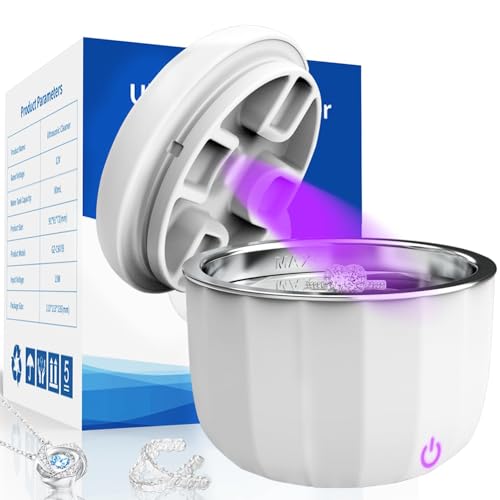 Portable Ultrasonic Retainer Cleaner 80mL,Cleans with just water,42kHz Mini Jewelry Cleaning Machine for all Dental Appliances,Jewelry,Diamonds,Aligner,Whitening Trays,Night Dental Mouth Guard