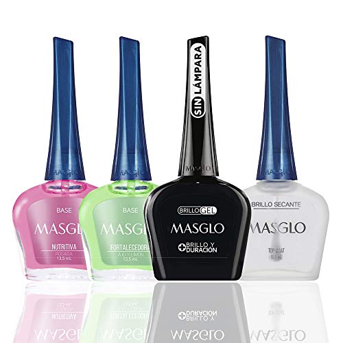 MASGLO Tradicional – Set of 4 Nail Polishes (2 Base Coat & 2 Top Coat), Up to 7 Days of Wear, Glossy Finish – (0.5 oz Each)