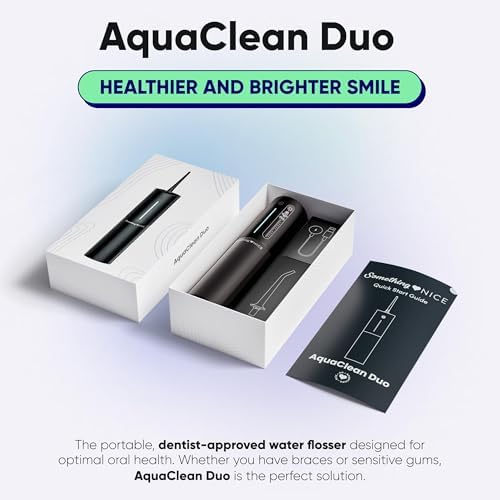 SOMETHING NICE AquaClean Duo Water Flosser - Portable, Waterproof, Includes Nozzles, Magnetic Charger, & Travel Bag | Dentist Designed Cordless Flosser for Teeth Cleaning Ideal for Braces (Black)