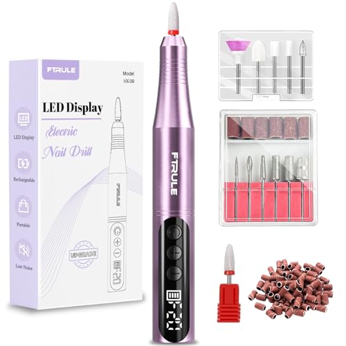 Electric Cordless Nail Drill File: LED Display Professional Portable Nail Drill for Acrylic Gel Dip Powder Nails Manicure Pedicure Kit Tool with Nail Drill Bits Sanding Bands, Purple