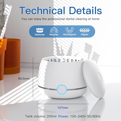 Ultrasonic Retainer Cleaner, 45kHz Denture Cleaner Machine, 5min and 10min Modes with Rechargable Top Cover, 200ml Dental Cleaning Pod, MouthGuard Cleaner for Aligner NightGuard Jewelry(White)