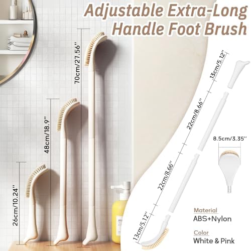 New Foot Brush with Adjustable Long Handle, 3-in-1 Foot Scrubber for Wet or Dry Brushing, 10.2’’- 27.5’’ Foot Scrub Brush for Senior, Pregnant, Disabled, or Injured, Gift-Box Packed(White)