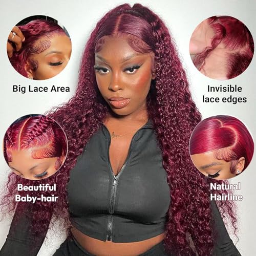 Estilar 30 Inch 99j Burgundy Lace Front Wigs Human Hair 13x6 Deep Wave HD Lace Front Wigs Pre Plucked with Baby Hair 200 Density Glueless Wet and Wavy Red Wine Colored Wigs Human Hair for Women
