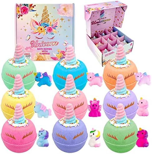 Unicorn Bath Bombs for Kids, 9 Large Kids Bath Bombs with Squishy Toys Inside, Magic Unicorn Bath Bombs with Surprise Inside for Girls…