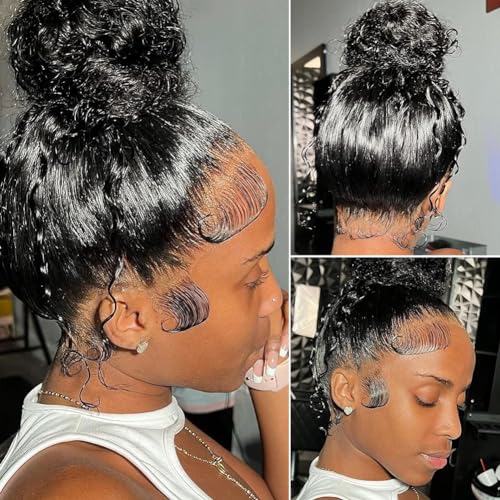 Edges Hair HD Lace Strips for Women - Reusable Invisible Lace Hairline with 4 Pcs Natural Handmade Real Human Hair Pieces, Black Color