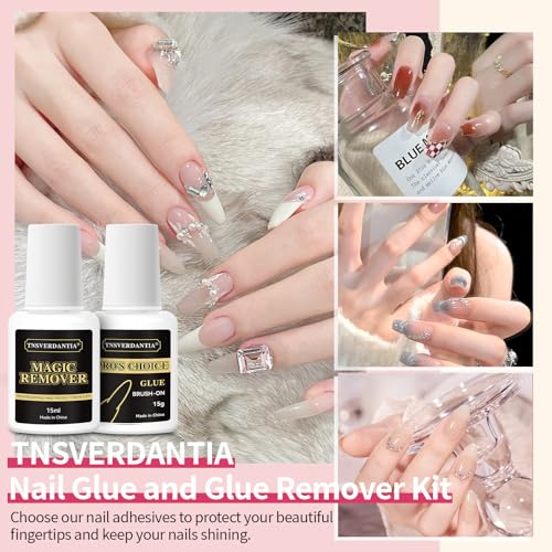 Gel Nail Glue and Nail Glue Remover Kit，Strong Nail Glue Quickly Nail Glue Remover for Press on Acrylic Nails Tips，Nail Glue Gel for Fake Nail Kit