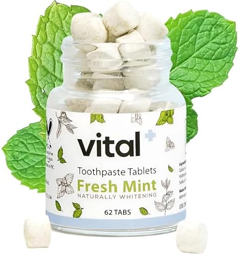 Vital Toothpaste Tabs with Nano-Hydroxyapatite | Naturally Whitens + Remineralizes Teeth | Fluoride & Plastic Free | Combats Sensitivity | Travel & Eco Friendly | Fresh Mint | 62 Tablets (1 Month)