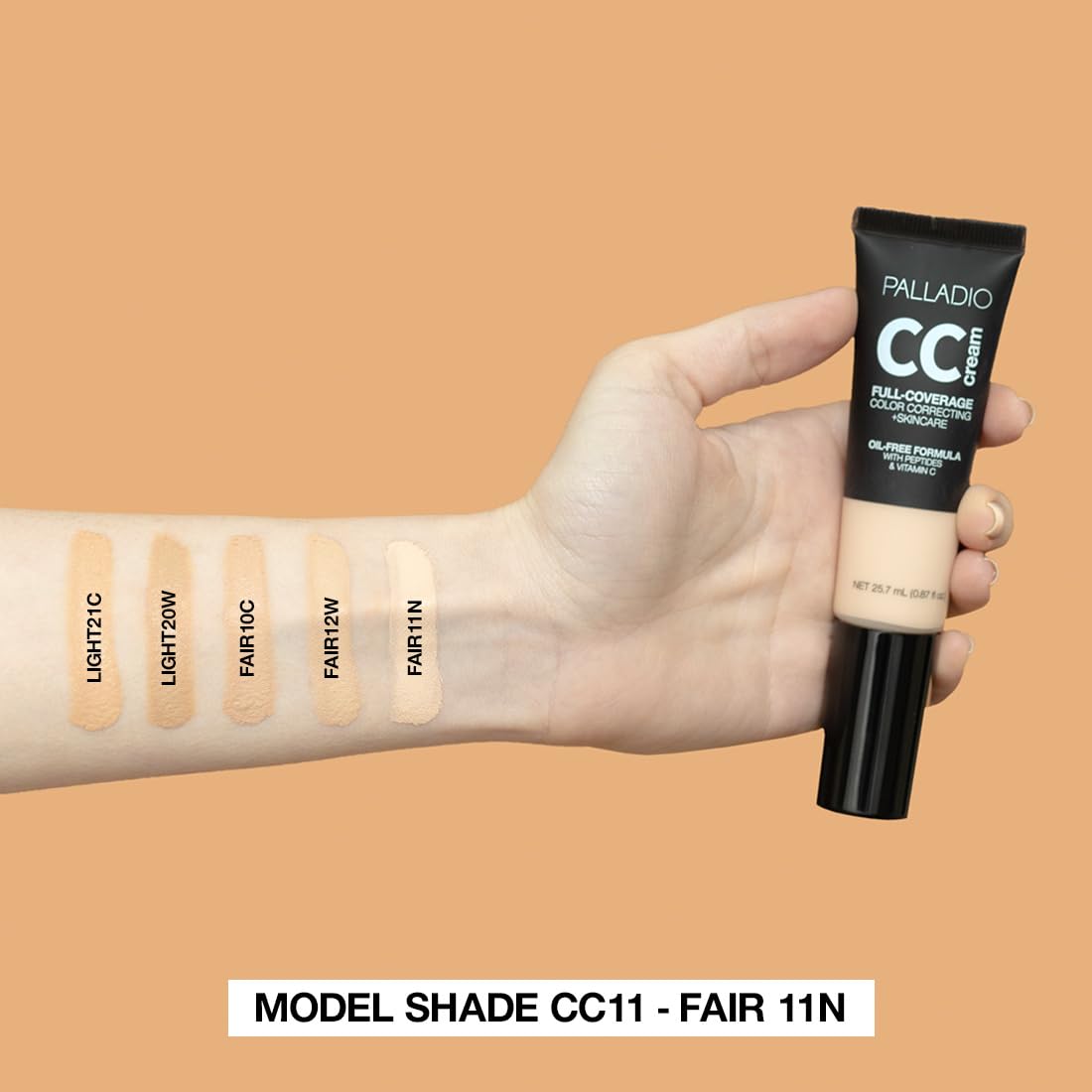 Palladio Full-Coverage Color Correction CC Cream, Oil-Free with Peptides & Vitamin C, Best for Correcting Redness and Uneven Skin Tone, Buildable Foundation Coverage (Light 20W)