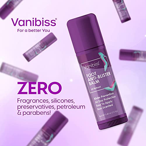 Vanibiss Foot Anti-Blister Balm - Foot Blister Prevention - Anti-Friction Balm Stick & Chafing Relief for Feet - Heel Blister Blocker - Prevent Shoe Strap Friction - Natural Care for Feet (0.45oz)