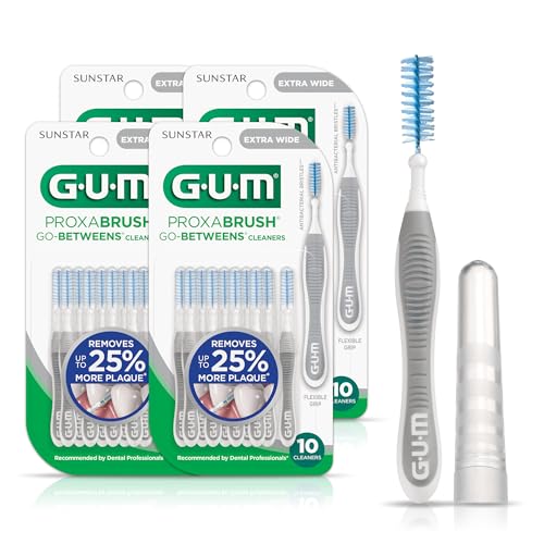 GUM Proxabrush Go-Betweens - Extra Wide - Interdental Brushes - Soft Bristled Dental Picks for Plaque Removal Health - Safe for Braces & Dental Devices, 10 Count (Pack of 4)