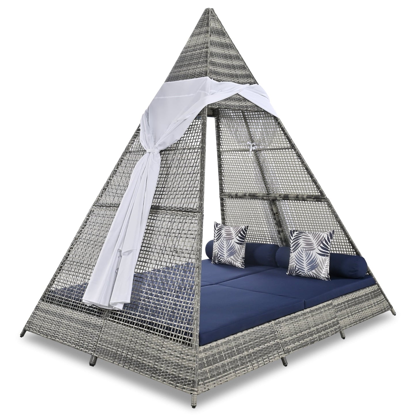 GO 90.5" Length Outdoor Lounge Bed with Decorative Pillows, Wicker Patio Daybed with Cushions, Canopy Design, Gray & Blue