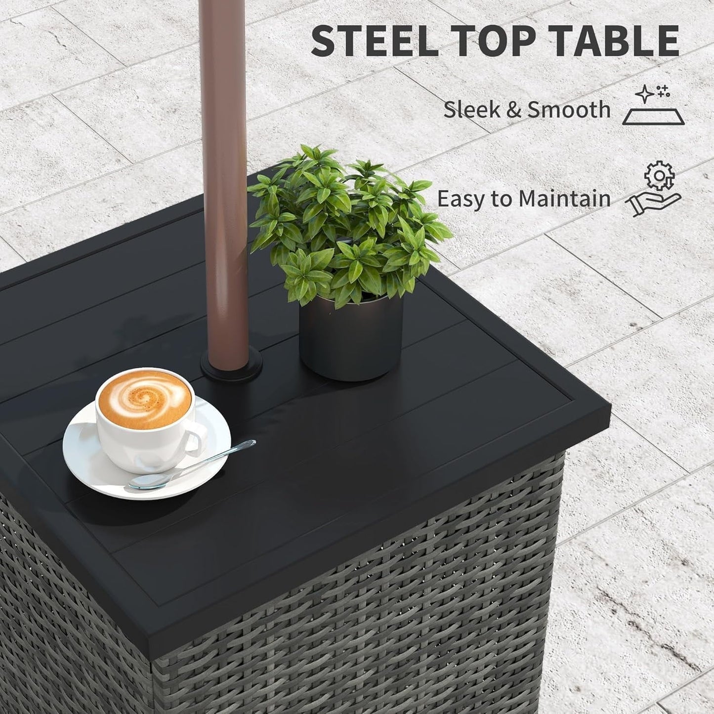 ZOPan All Weather Wicker Side Table with 1.5" Umbrella Hole, Square PE Rattan Outdoor End Table with Umbrella Base, UV-Resistant Frame, Storage Space for Patio, Garden, Poolside, Deck, Mixed-Gray