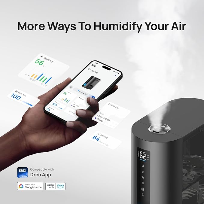 Dreo 6L Humidifiers for Bedroom, Smart Warm & Cool Mist for Large Room, 60Hr Quiet Runtime for Baby, Plant, Humidity Sensor, Indicator Light, 12H Timer, Google/Alexa, Black