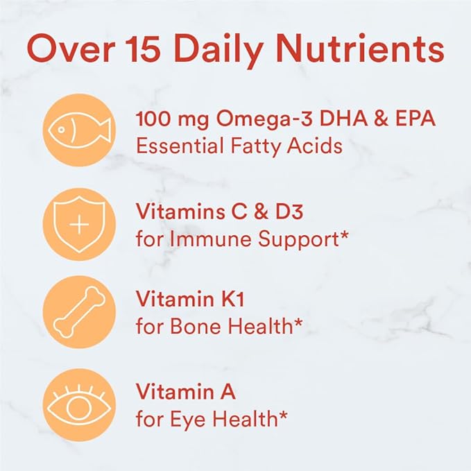 SmartyPants Kids Multivitamin Gummies: Omega 3 Fish Oil (EPA/DHA), Vitamin D3, C, Vitamin B12, B6, A, K & Zinc for Immune Support, Biotin, Gluten Free, Three Fruit Flavors, 90 Count (22 Day Supply)