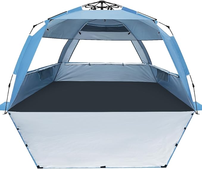 WhiteFang Deluxe Pop Up Beach Tent Sun Shade Shelter for 3-4/5-6 Person, UV Protection, Extendable Floor with 3 Ventilating Windows Plus Carrying Bag, Stakes, and Guy Lines