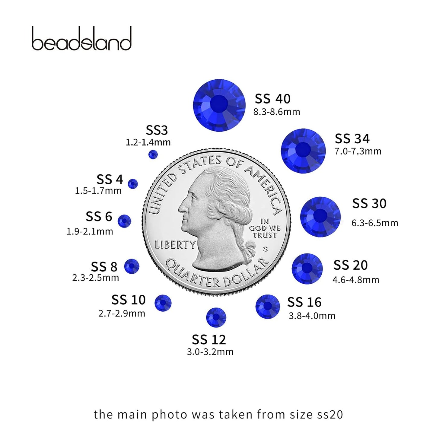Beadsland 288pcs Flat Back Crystal Rhinestones Round Gems for Nail Art and Craft Glue Fix,Sapphire,SS34,7.1-7.3mm