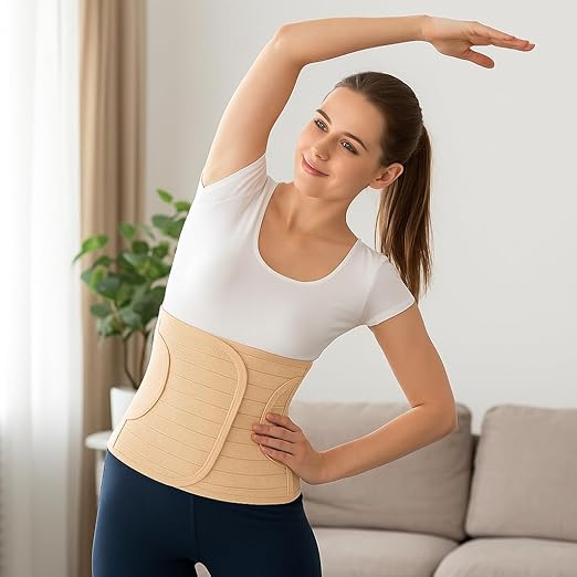 ORTONYX Ergonomic Abdominal Binder Waist and Lower Back Support Belt, Back Brace for Women & Men - Breathable, Elastic, With Extra Band - Beige S/M