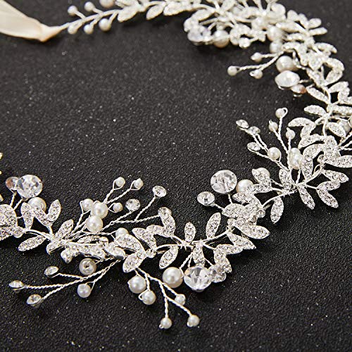 SWEETV Crystal Bridal Headpiece Silver Wedding Headband for Brides Pearl Hair Vine Rhinestone Hair Accessories for Women