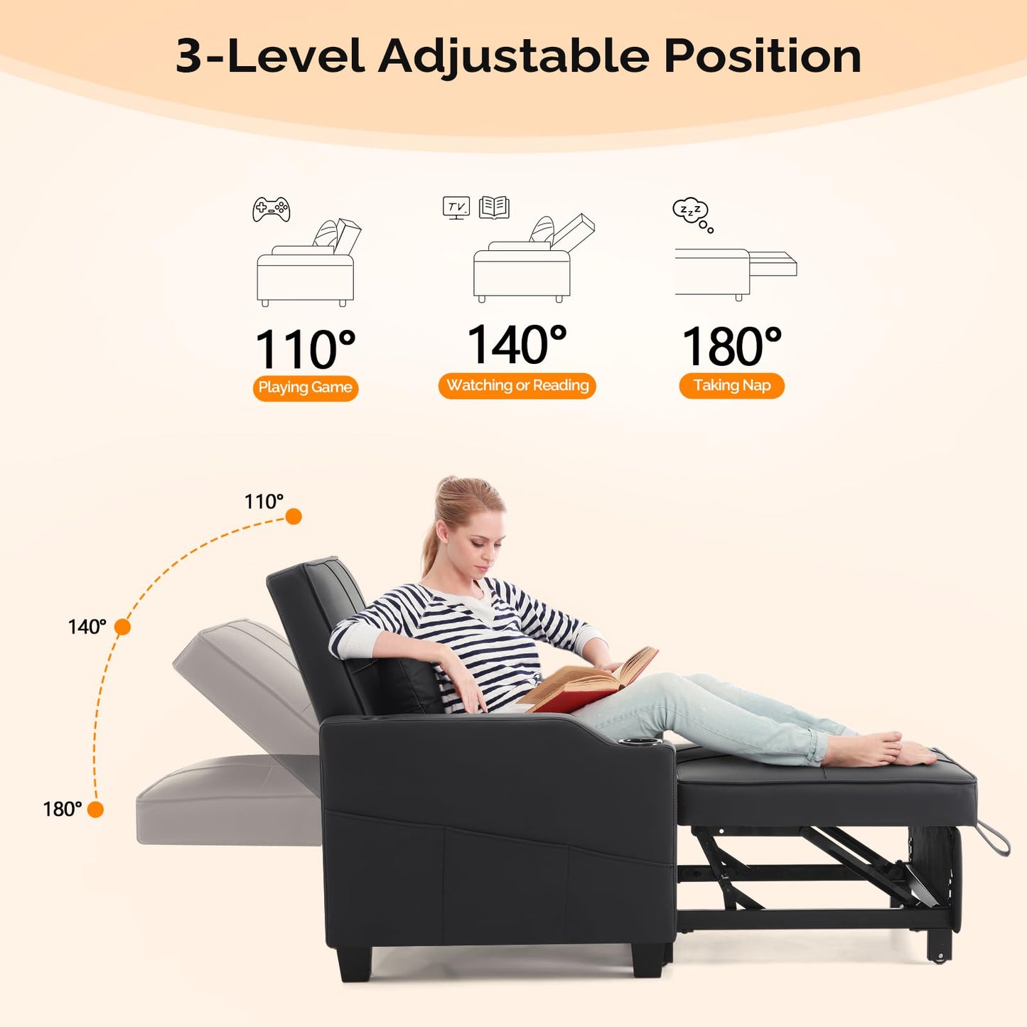 VINGLI Sleeper Chair 3-in-1 Convertible Sofa Bed Adjustable Recliner Sofa Modern Pull Out Couch Bed with 2 USB Ports 2 Cup Holders 2 Side Pockets for Living Room Bedroom Small Spaces, Black
