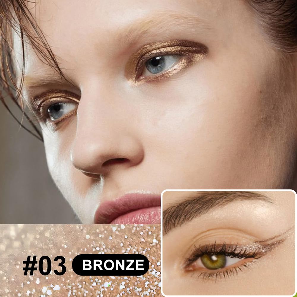 evpct 2Pcs Gold & Bronze Glitter Glittering Diamond Liquid Eyeliner Eye Makeup Pencil Set, Sparkle Shimmer Colored Eyeliner Pen Waterproof Smudge Proof Long Lasting High Pigmented
