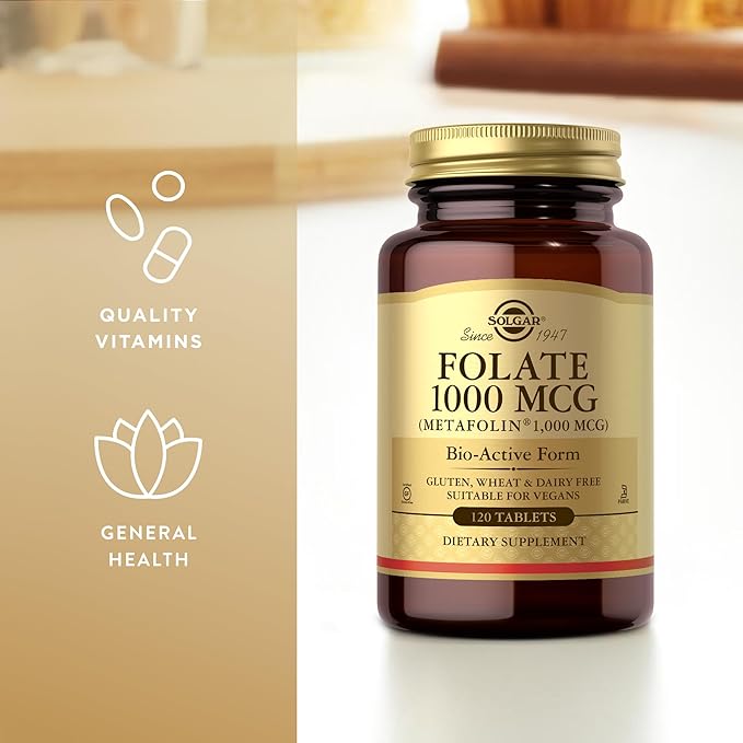 SOLGAR Folate 1000 mcg - 120 Tablets, 2 Pack - 1000 mcg Bio-Active Metafolin - Vegan, Gluten Free, Dairy Free, Kosher - 240 Total Servings