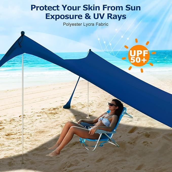 COMMOUDS Beach Tent Sun Shelter - UPF50+ Pop Up Beach Canopy with Sandbags & Sand Shovel & Windproof Poles, Portable Sun Shade for Beach, Camping, Picnics, Backyard