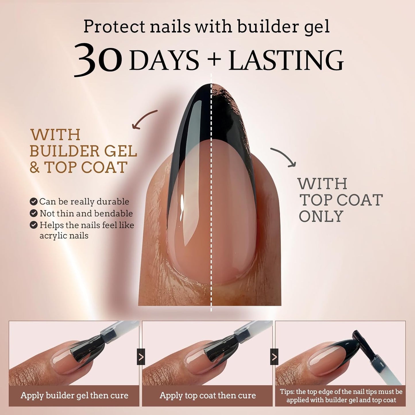 BTArtboxnails Black Press on Nails - French Tip Press on Nails Short, Square Gel Nail Tips, Supremely Fit Natural Fake Nails in 16 Sizes - 160 Pcs False Nails, Black French