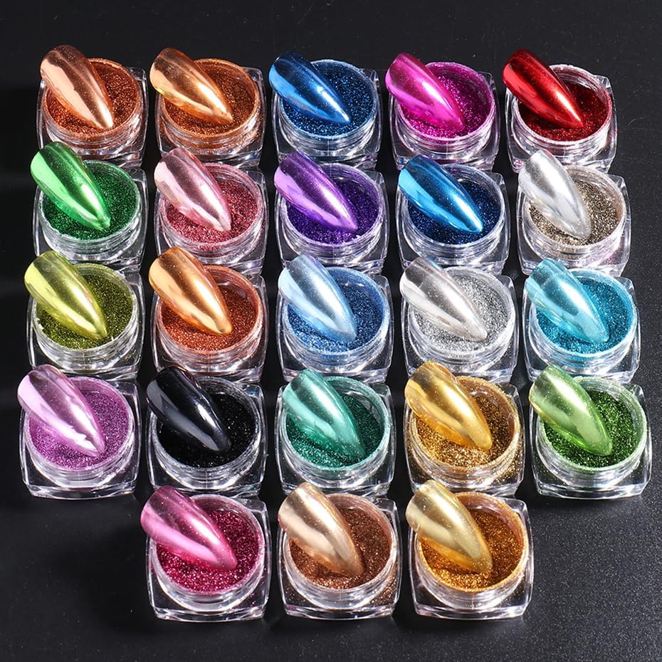 Metallic Mirror Chrome Nail Powder Set, 23 Colors Magic Mirror Y2K Gold Silver Decorations Rubbing Nail Art Glitter Pigment Flakes Manicure Accessories (23pcs Chrome Powder)