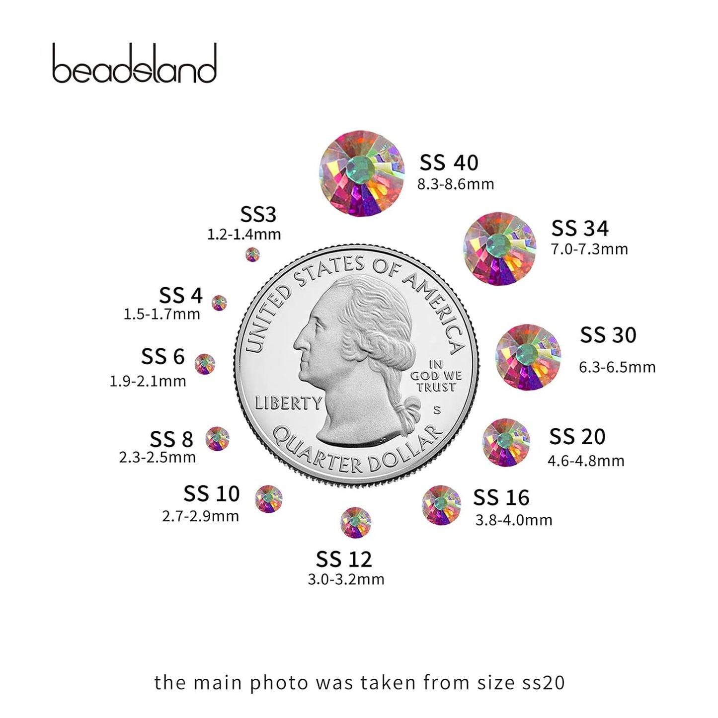 beadsland 144pcs Flat Back Crystal Rhinestones Round Gems for Nail Art and Craft Glue Fix, Crystal AB, 10mm, SS50/144pcs