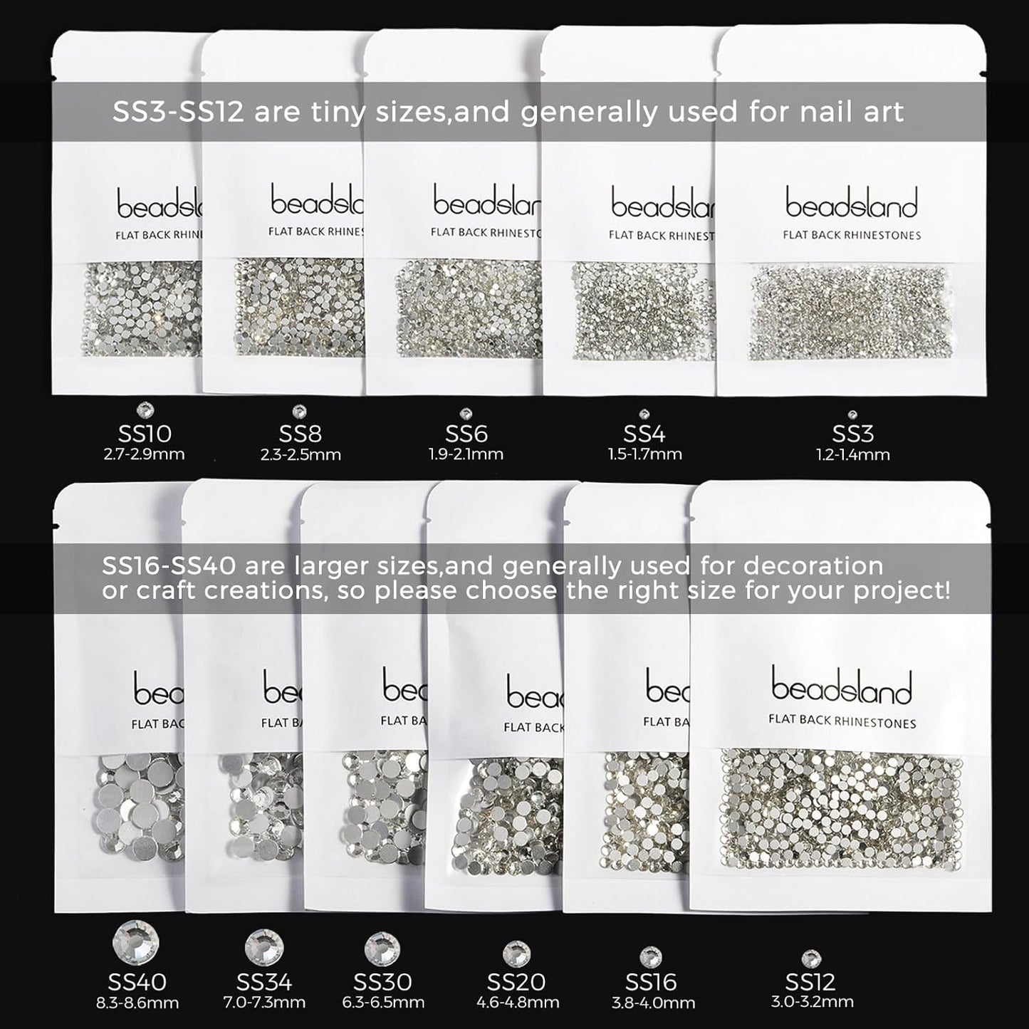 Beadsland 1440pcs Flat Back Crystal Rhinestones Round Gems for Nail Art and Craft Glue Fix, Jet Hematite,SS12,3.0-3.2mm