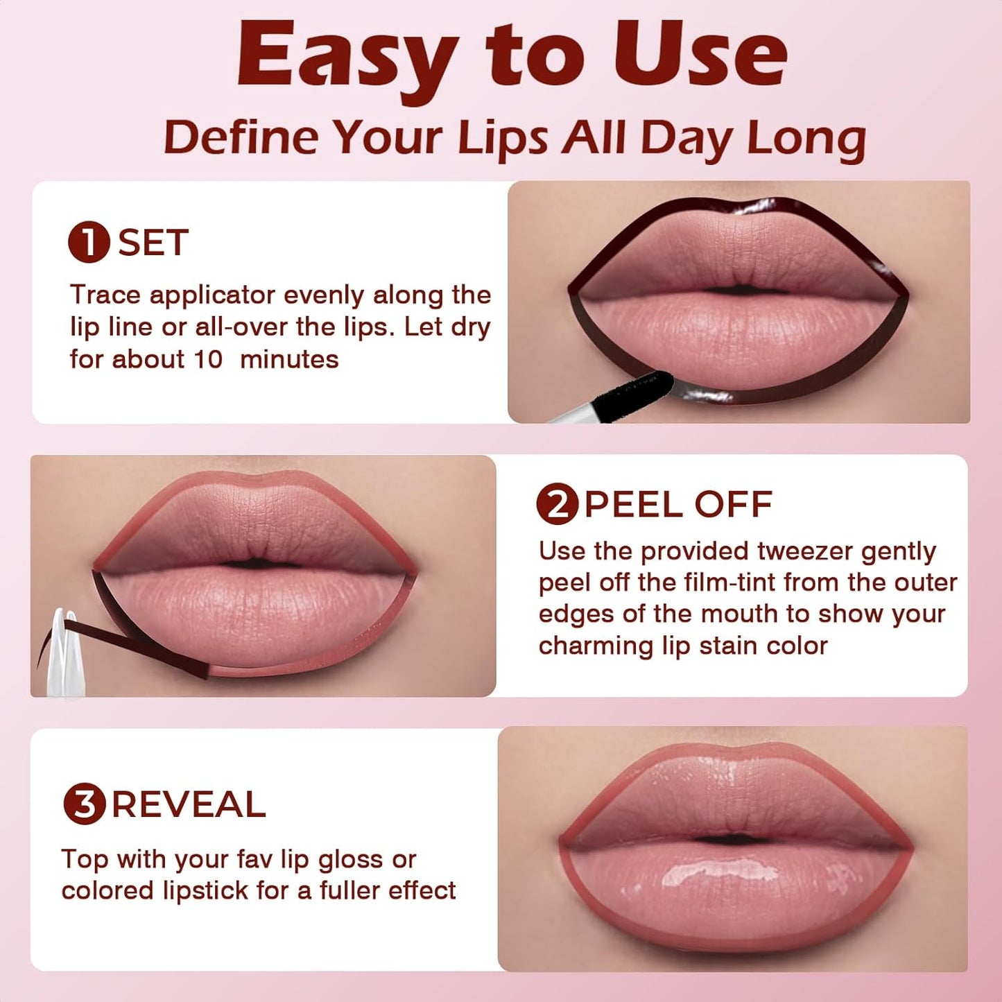 Lip Liner Stain Peel Off with Tweezer, Long Lasting Matte Lip Tattoo, Highly Pigmented Color Lip Makeup, Waterproof, Transfer-proof Lipstain for Women, for All Skin Types CORAL PINK
