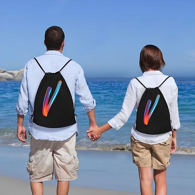 Drawstring Bags Initial Drawstring Backpack Sackpack Black Draw String Cinch Bags for Sports, Gym, Travel, Swimming, Beach, Camping, Rainbow Letter V
