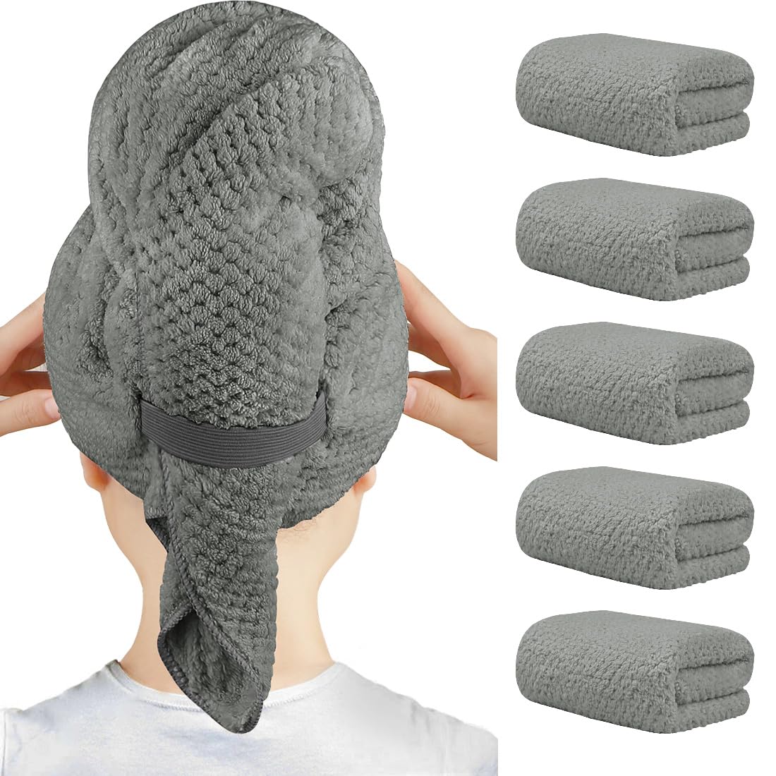 HOMEXCEL 5 Pack Large Microfiber Hair Towel Wrap for Women, Grey- 40 x 20 inches Super Soft, Fast Drying Turbans for Long, Thick, Curly Hair - Anti Frizz Wrap with Elastic Strap