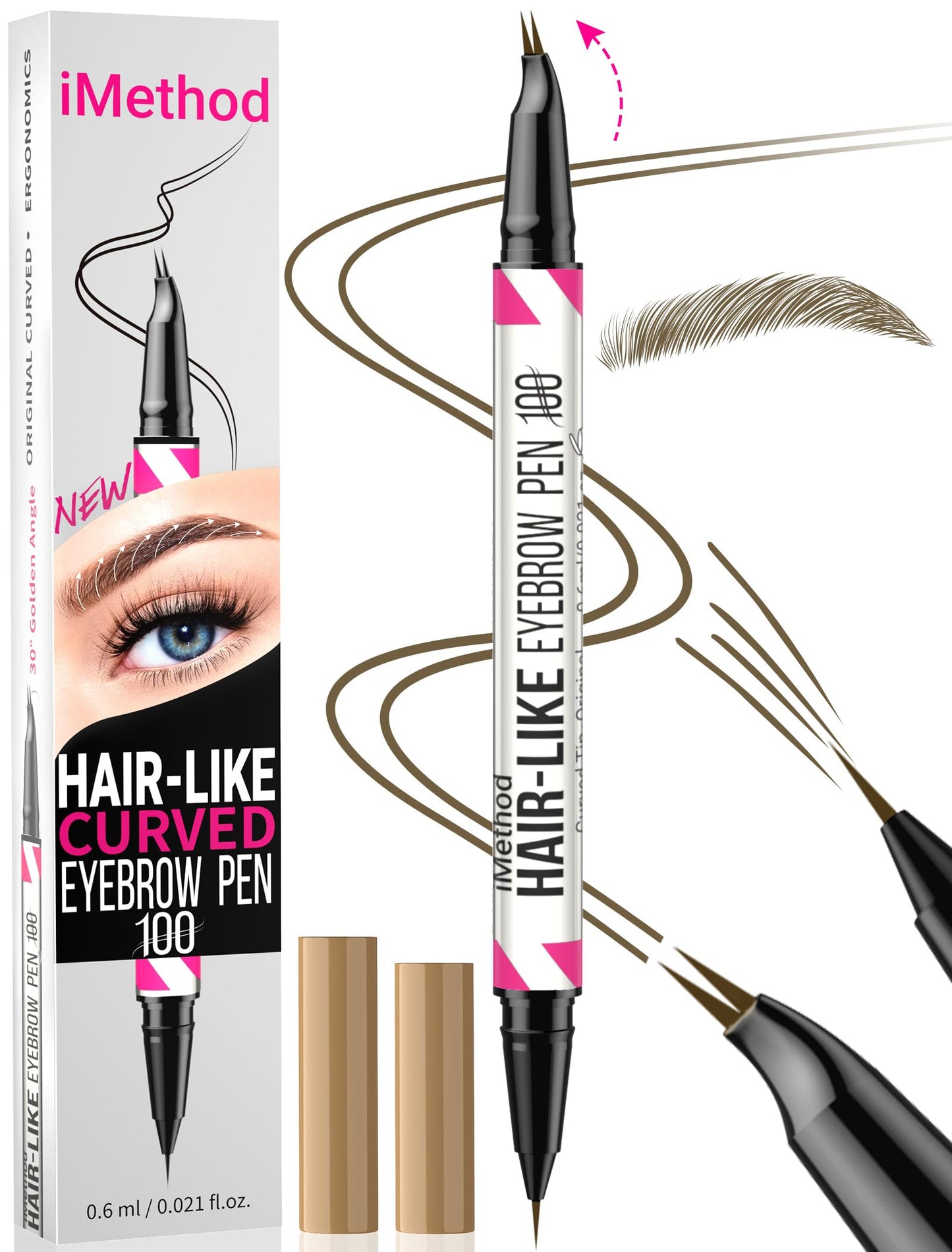 iMethod Curved Eyebrow Pen - Eyebrow Pencil 2-in-1 Dual-Ended Eyebrow Pen with Curved Tip and Precise Brush-Tip, Microblading Eyebrow Pen for Natural Hair-Like Brows, Long Lasting, Brown