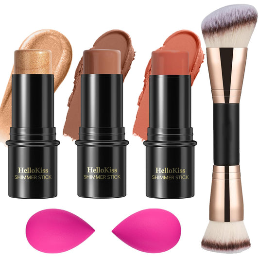 3 Pcs Cream Contour Stick Makeup Kit, Shades with Highlighter, Blush and Bronzer Contour Stick for Sculpt the Cheeks, Waterproof, Matte & Dewy Finish (Medium-Deep,#05+#06+#15)