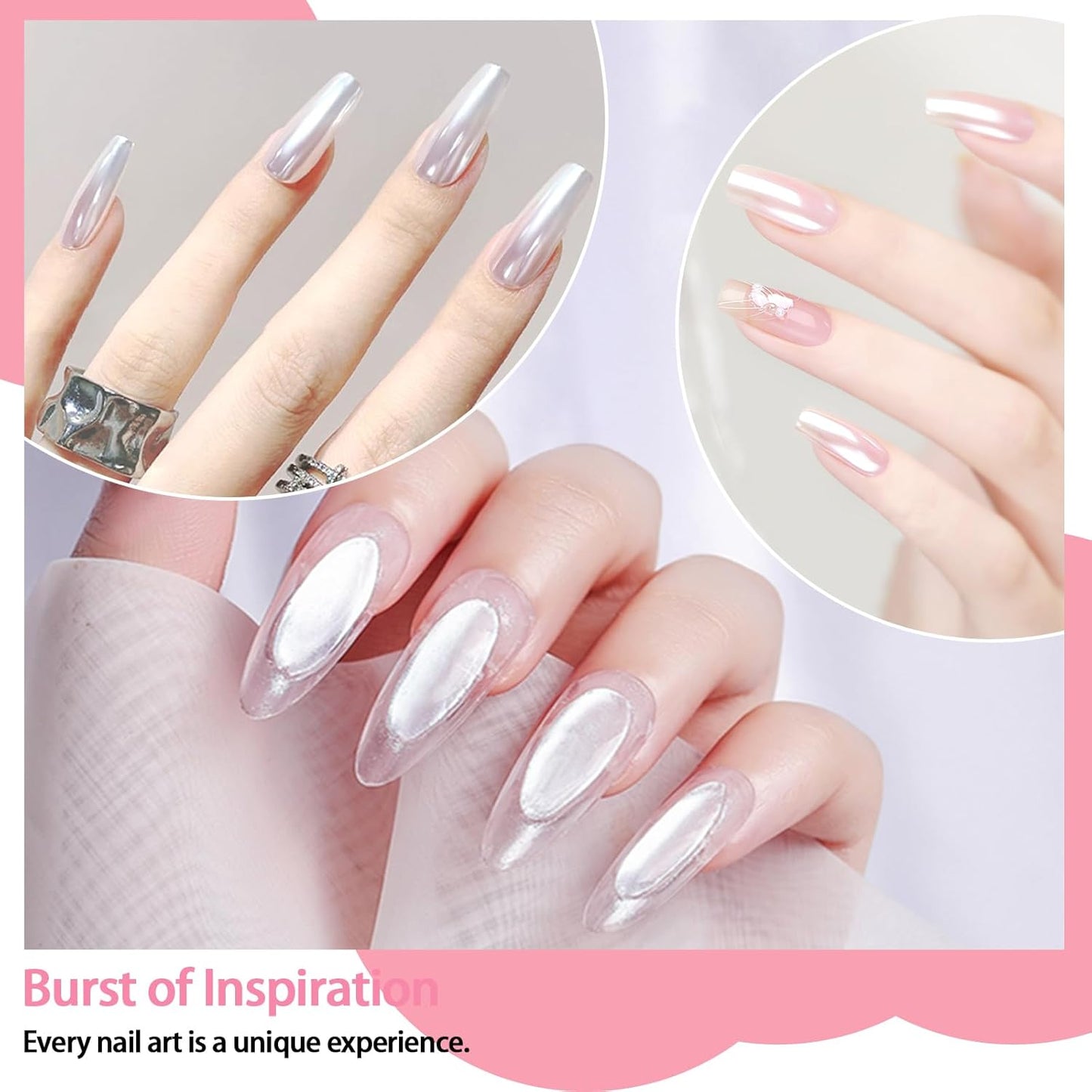 Allstarry White Pearl Chrome Nail Powder, 2 Colors Aurora Powder Metallic Mirror Effect Glitter Powder Pearlescent Ice Transparent Mermaid Pigment Dust for Gel Polish Nail Art- White Pearl Peacock
