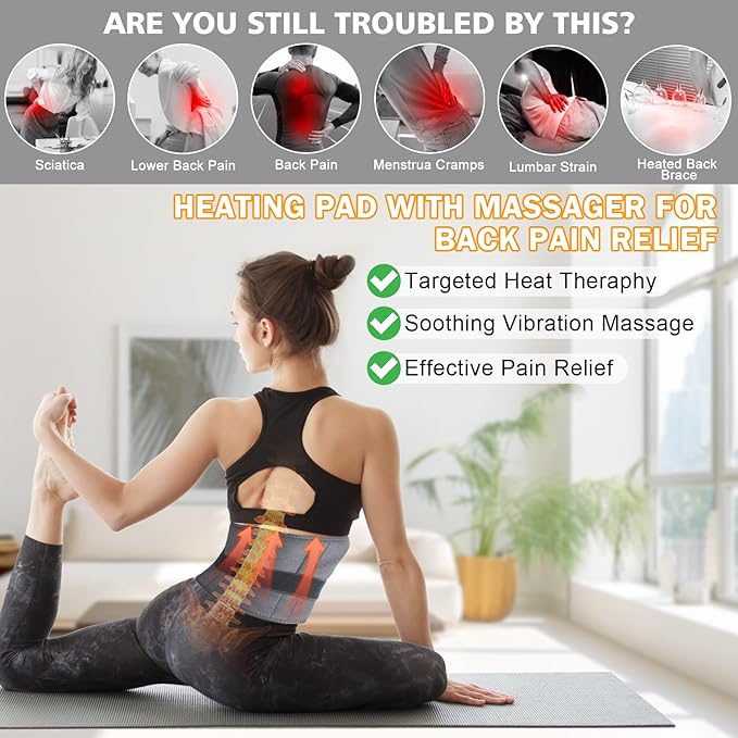 Cordless Heating Pad for Back Pain Relief, Lumbar Massaager with Heat, Heated Back Belt Abdomen Warmer Lumbar Support
