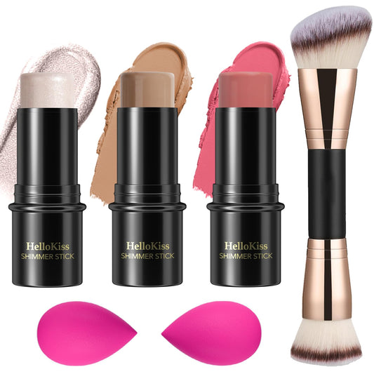 3 Pcs Cream Contour Stick Makeup Kit, Shades with Highlighter, Blush and Bronzer Contour Stick for Sculpt the Cheeks, Waterproof, Matte & Dewy Finish (Neutral,#01+#09+#12)