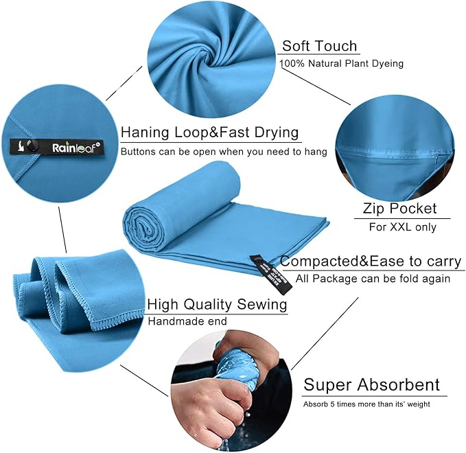 Rainleaf Microfiber Towel Perfect Travel & Gym & Camping Towel. Quick Dry - Super Absorbent - Ultra Compact - Lightweight. Suitable for Trip, Beach, Shower, Backpacking, Pool