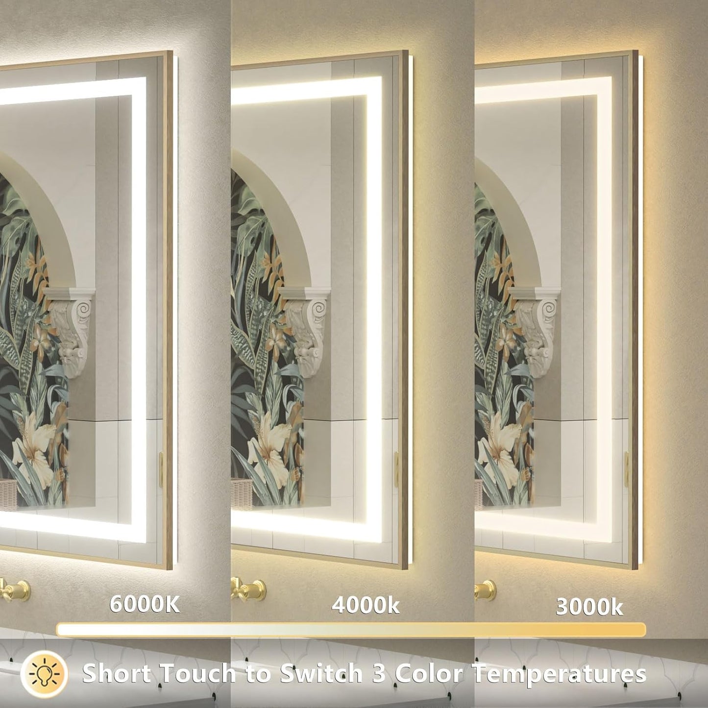 OKPAL 48x32 Gold LED Mirror for Bathroom with Frontlit & Backlit, Metal Framed Lighted Bathroom Mirror with Lights, Anti-Fog, Dimmable 3 Colors, Shatterproof, Horizontal/Vertical