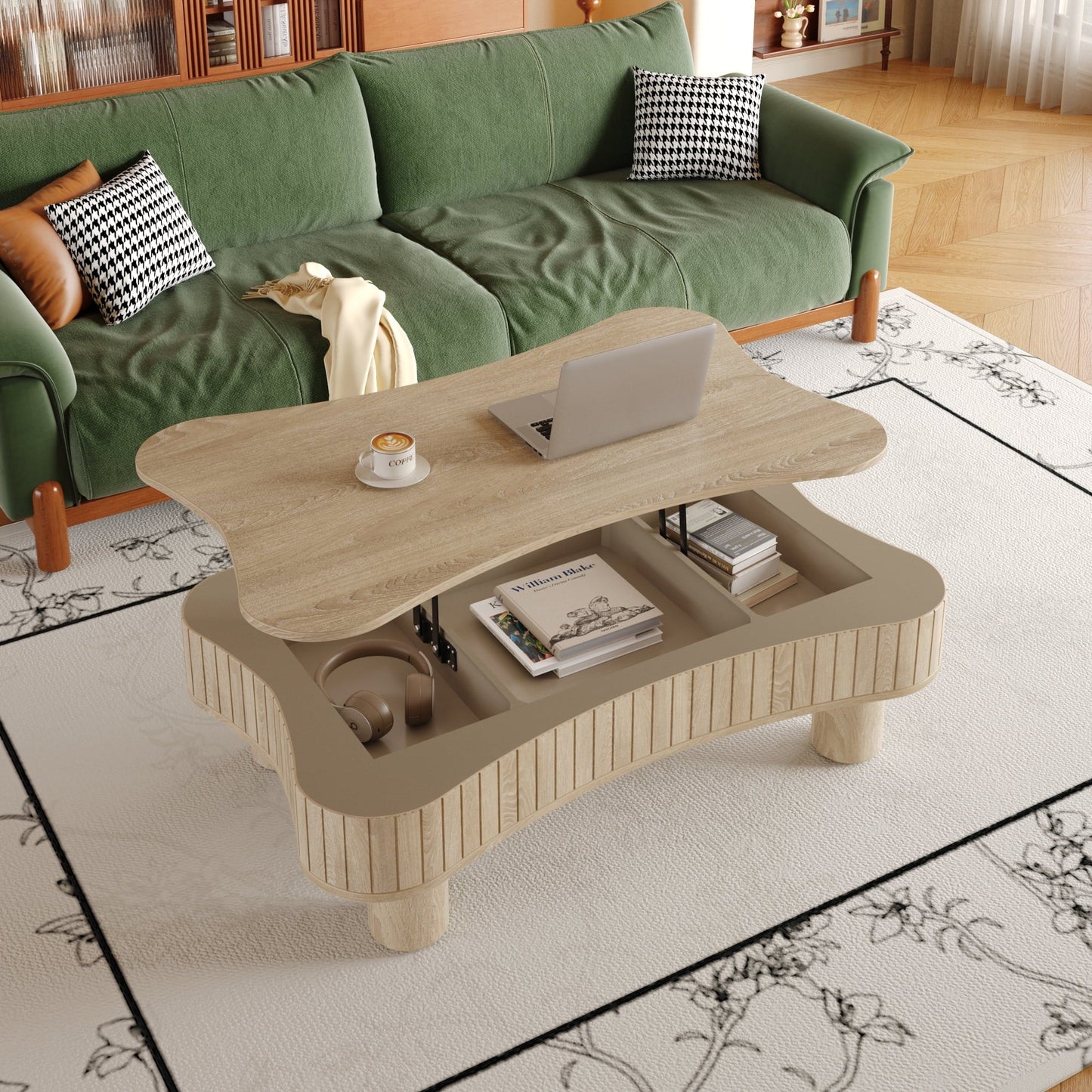 Lift Top Coffee Table for Living Room 42" - Fluted Panel Hidden Storage, Silent Hydraulic Lift, Curved Safety Corners, 5 Min Assembly (27"W X 13-18.9"H,Antique Natural)