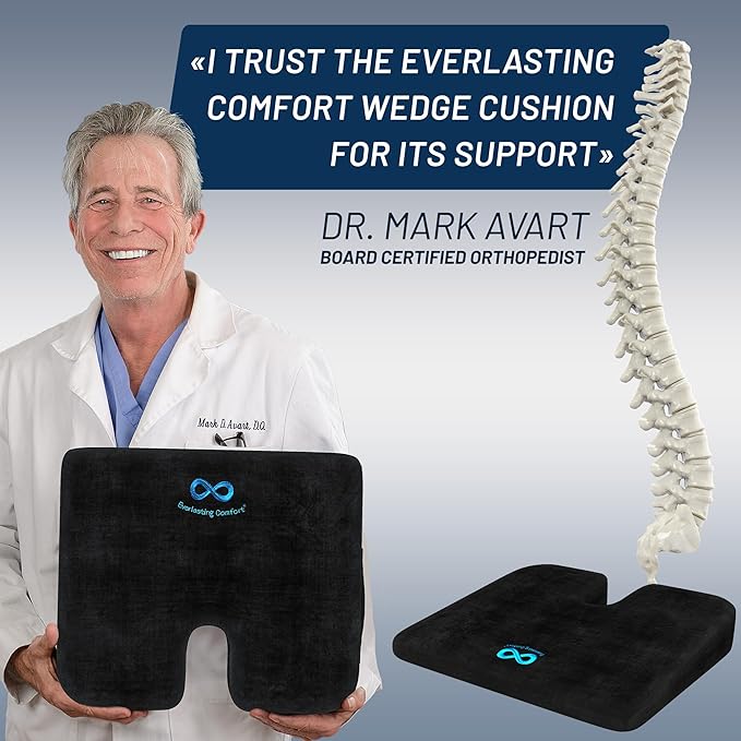 Everlasting Comfort Doctor Recommended Memory Foam Seat Cushion for Office Chairs & Car Seat - Ergonomic Office Desk Accessories for Tailbone Pain Relief, Sciatica & Back Support