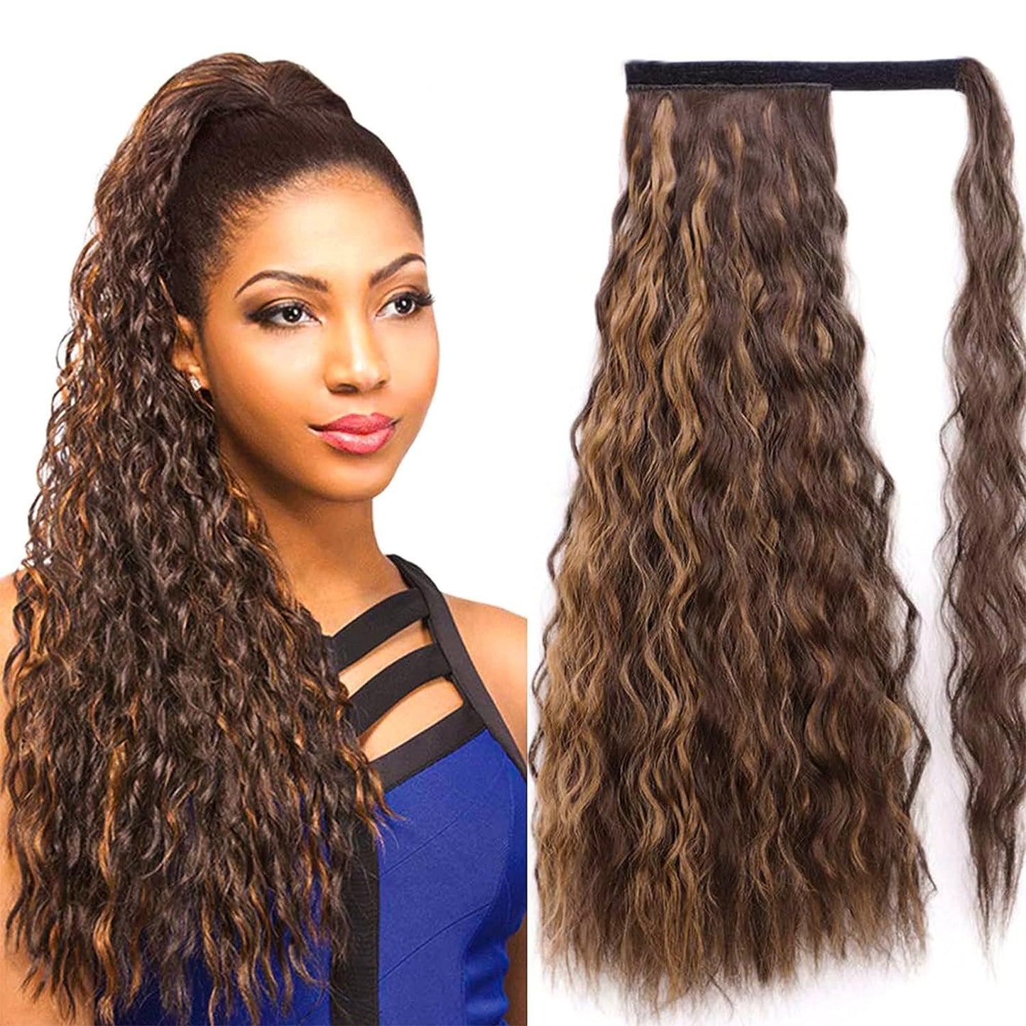 Stamped Glorious Long Corn Wave Ponytail Extension Magic Paste Heat Resistant Wavy Synthetic Wrap Around Ponytail Black Hairpiece for Women (22 Inch, 22 Inch-Highlight)