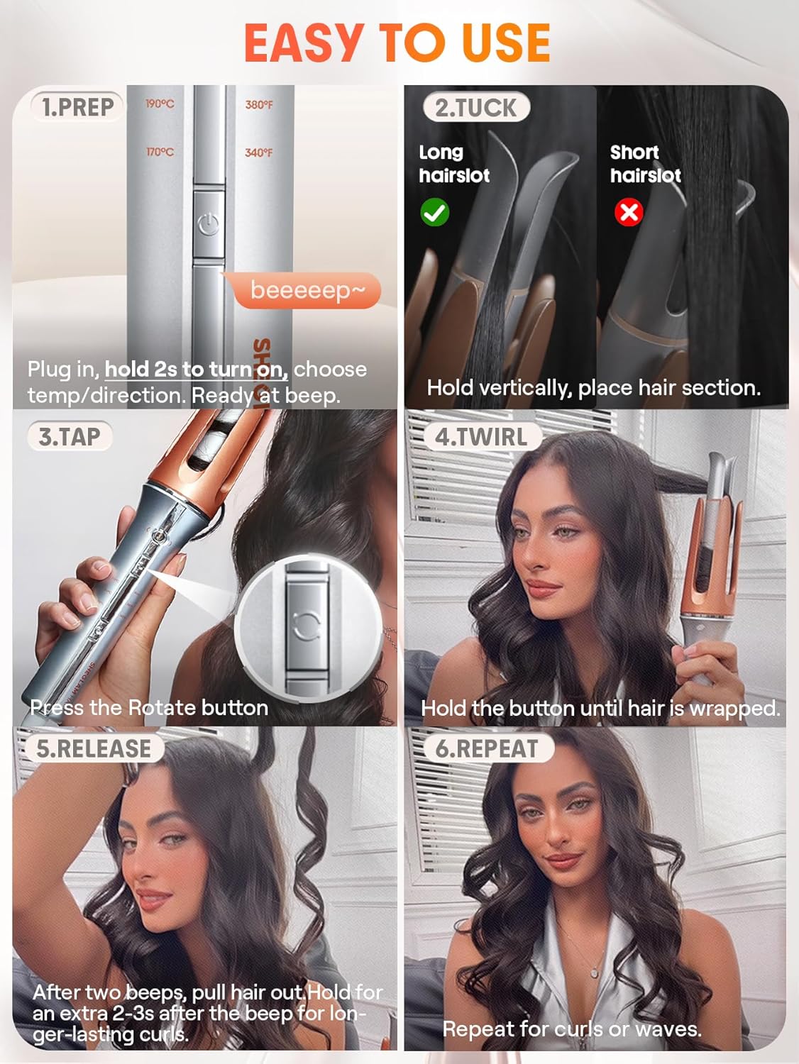 SHEGLAM Automatic Curling Iron 1 1/4 inch with 3 Temperatures Fast Heating, 2-Way Rotation, Anti-Scald, Anti-Tangle Rotating, Automatic Shut-Off for Hair Styling