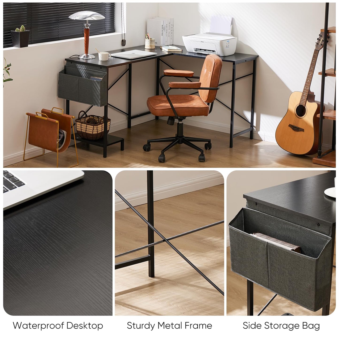 Sweetcrispy L Shaped Desk - Computer Desk Corner Desks Gaming Desk PC Table with CPU Stand Side Bag for Home Office Dorm Sturdy Writing Workstation, Black, 50-Inch