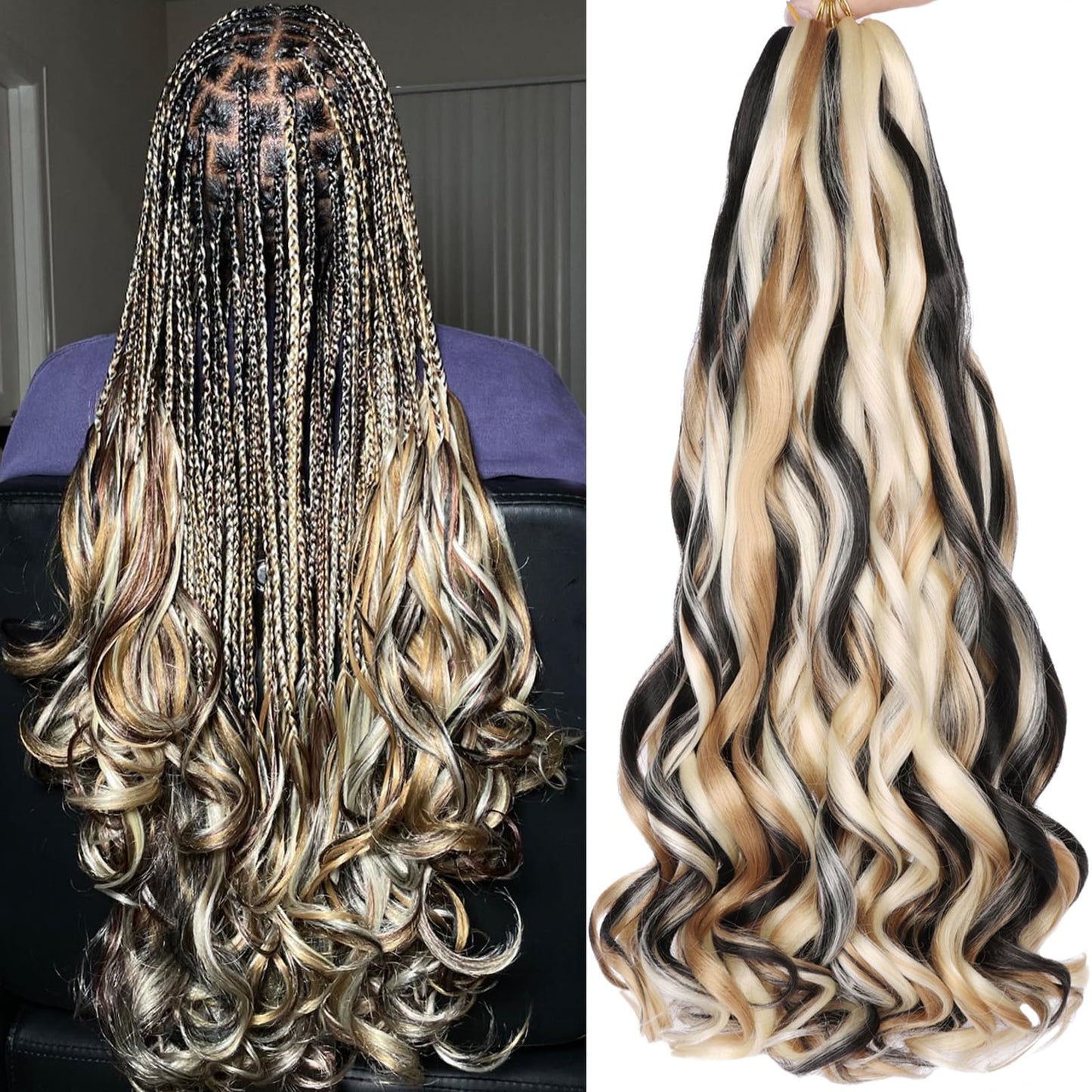 COOKOO 9 Packs French Curly Braiding Hair 22 Inch for Goddess Box Braids with Loose Wave Curly Ends Mix Black and Blonde Pre Stretched French Curls Synthetic Hair Extentions for Women P1B/27/613#