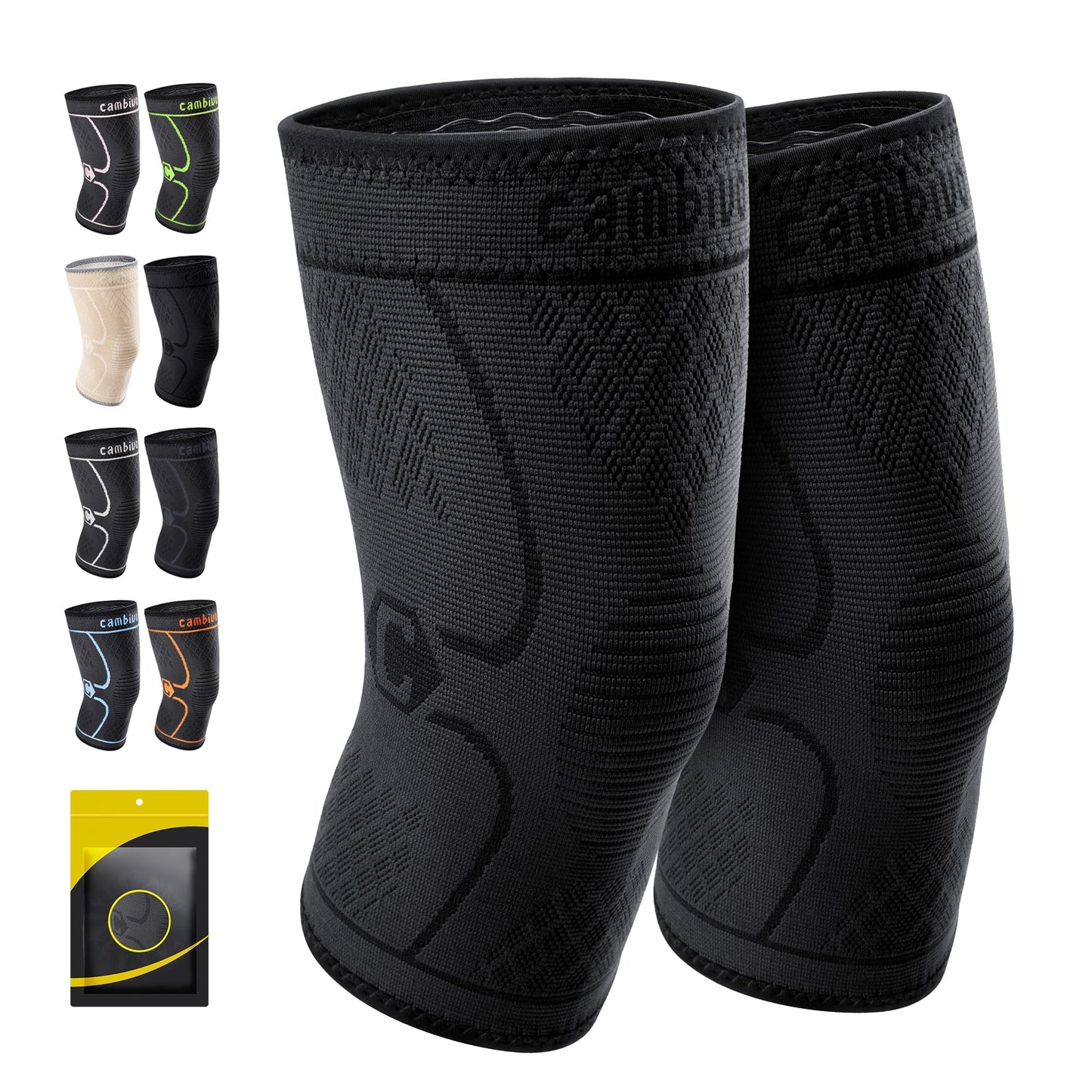 CAMBIVO 2 Pack Knee Braces for Knee Pain, Knee Compression Sleeve for Men and Women, Knee Support for Meniscus Tear, Running, Weightlifting, Workout, ACL, Arthritis, Joint Pain Relief (Black,Small)
