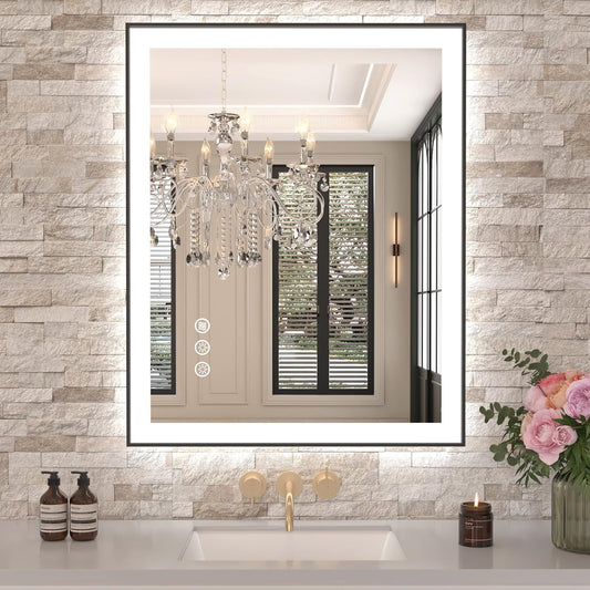 Amorho 24"x 32" LED Bathroom Mirror with Black Frame, Front Light and Backlit(Controlled Separately), Stepless Dimmable, Anti-Fog, Shatter-Proof, 3 Colors, Memory